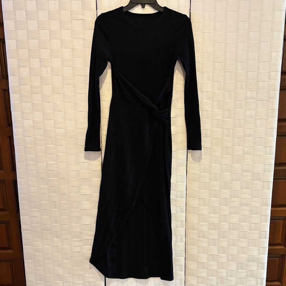 Black Ribbed Wrap-Style Dress